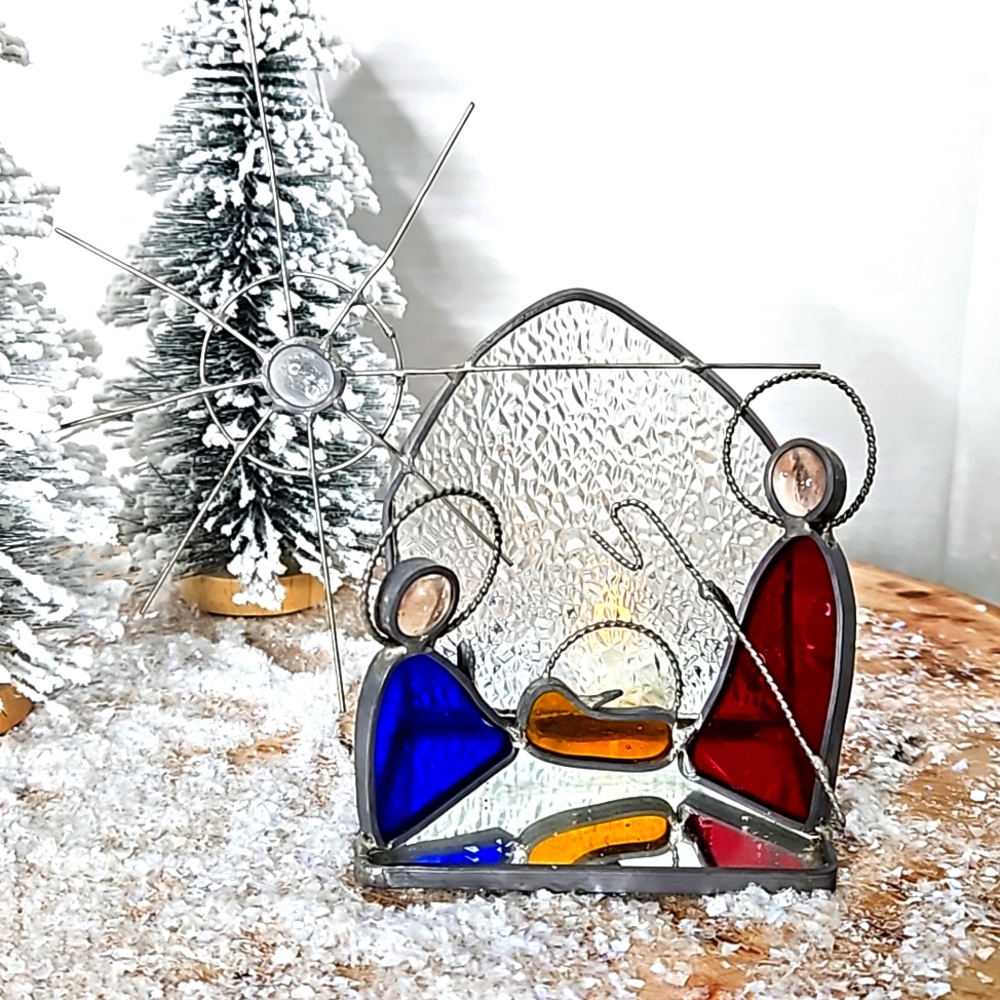 🌺 Vintage Nativity Scene Candle Holder Cast Metal Mirror Base-Stained Glass